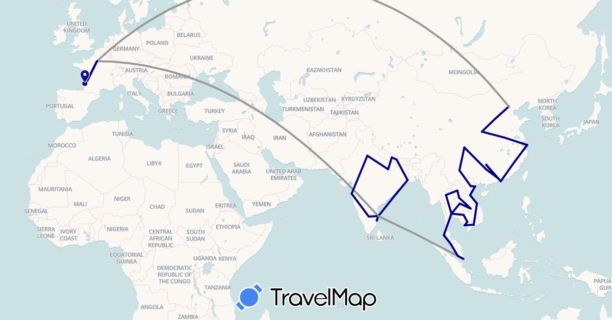 TravelMap itinerary: driving, plane in China, France, Hong Kong, India, Cambodia, Laos, Malaysia, Nepal, Singapore, Thailand, Vietnam (Asia, Europe)